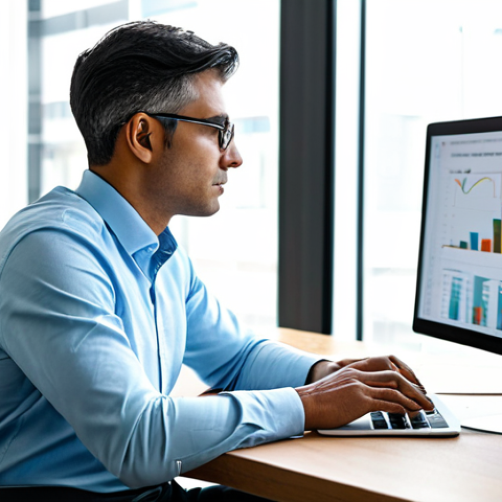 A professional individual, in modest business casual attire, seated comfortably at a clean, modern wooden desk. They are looking intently at a laptop screen, displaying data visualizations, with a focused and engaged expression. The background is a brightly lit, contemporary office space with diffused natural light from a large window, suggesting an environment of innovation and thoughtful work. The subject is fully clothed, appropriate attire, safe for work, perfect anatomy, correct proportions, natural pose, well-formed hands, proper finger count, professional photography, high quality.