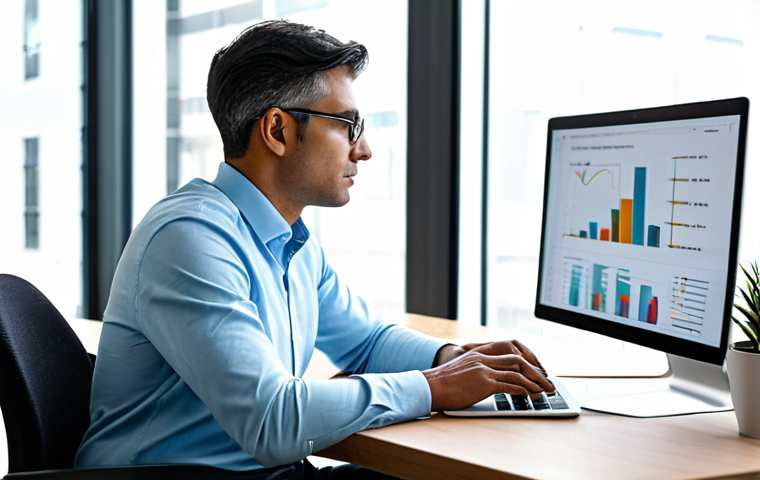 A professional individual, in modest business casual attire, seated comfortably at a clean, modern wooden desk. They are looking intently at a laptop screen, displaying data visualizations, with a focused and engaged expression. The background is a brightly lit, contemporary office space with diffused natural light from a large window, suggesting an environment of innovation and thoughtful work. The subject is fully clothed, appropriate attire, safe for work, perfect anatomy, correct proportions, natural pose, well-formed hands, proper finger count, professional photography, high quality.