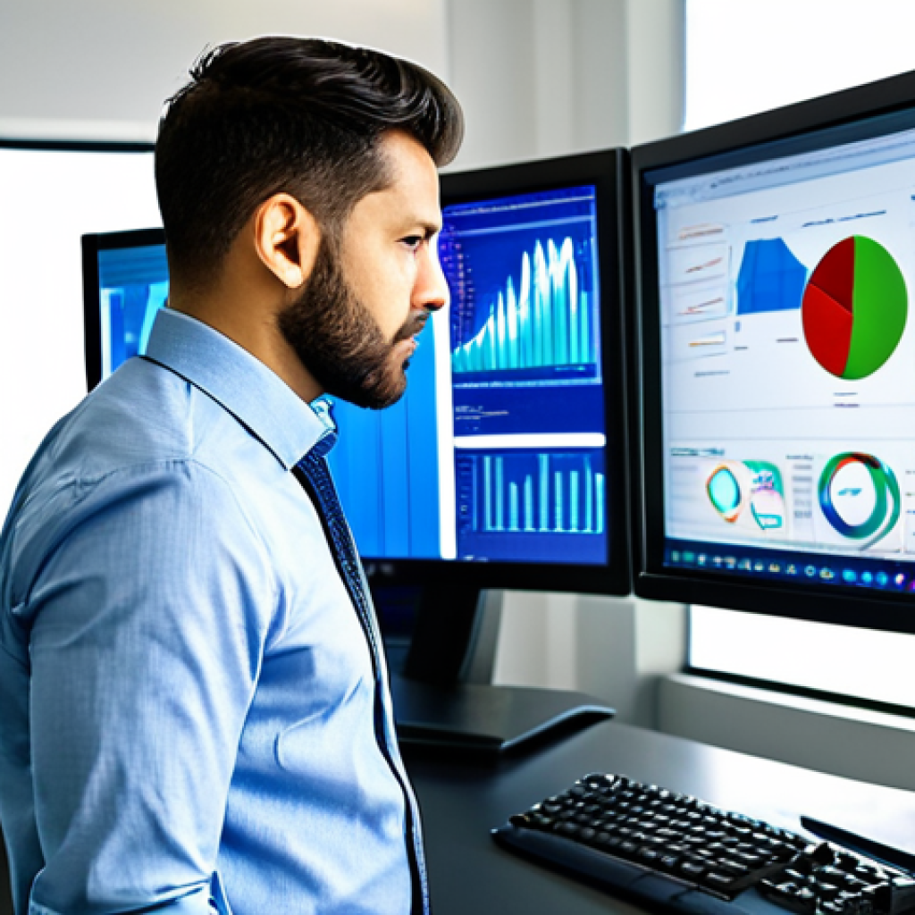 A professional male data analyst, fully clothed in a modest business shirt and trousers, standing in a modern, brightly lit office environment. He is looking intently at multiple large computer screens displaying complex, colorful data visualizations, charts, and graphs, conveying deep analytical insight and precision. The background shows a clean, organized workspace. safe for work, appropriate content, fully clothed, professional dress, perfect anatomy, correct proportions, natural pose, well-formed hands, proper finger count, natural body proportions, high-quality professional photography.