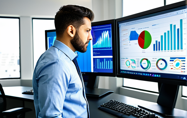 A professional male data analyst, fully clothed in a modest business shirt and trousers, standing in a modern, brightly lit office environment. He is looking intently at multiple large computer screens displaying complex, colorful data visualizations, charts, and graphs, conveying deep analytical insight and precision. The background shows a clean, organized workspace. safe for work, appropriate content, fully clothed, professional dress, perfect anatomy, correct proportions, natural pose, well-formed hands, proper finger count, natural body proportions, high-quality professional photography.