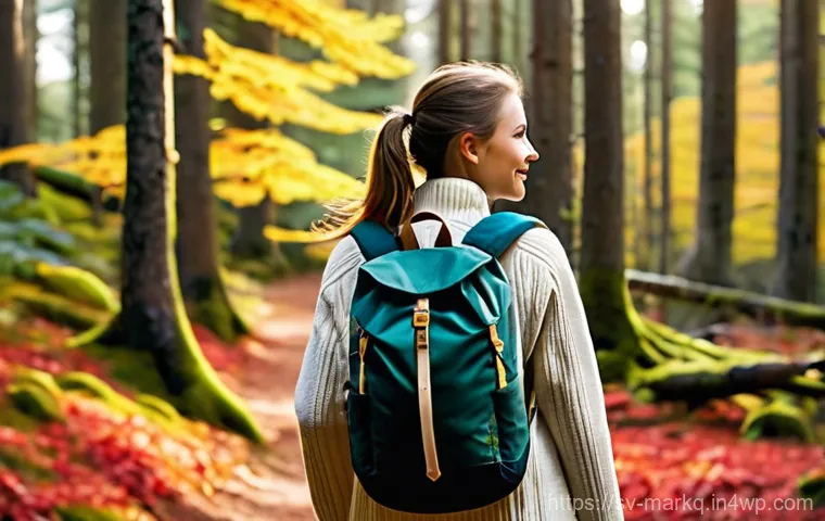 SEO와 콘텐츠 마케팅의 관계 - **Prompt 1:** A young woman, 20s, with a warm smile, is hiking through a vibrant autumn forest in Sw...