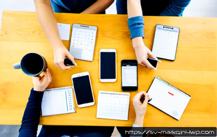 Home 17 소셜 미디어 마케팅의 기본 원칙 - Photorealistic overhead view of a Swedish small-business social media planning session, diverse mark...